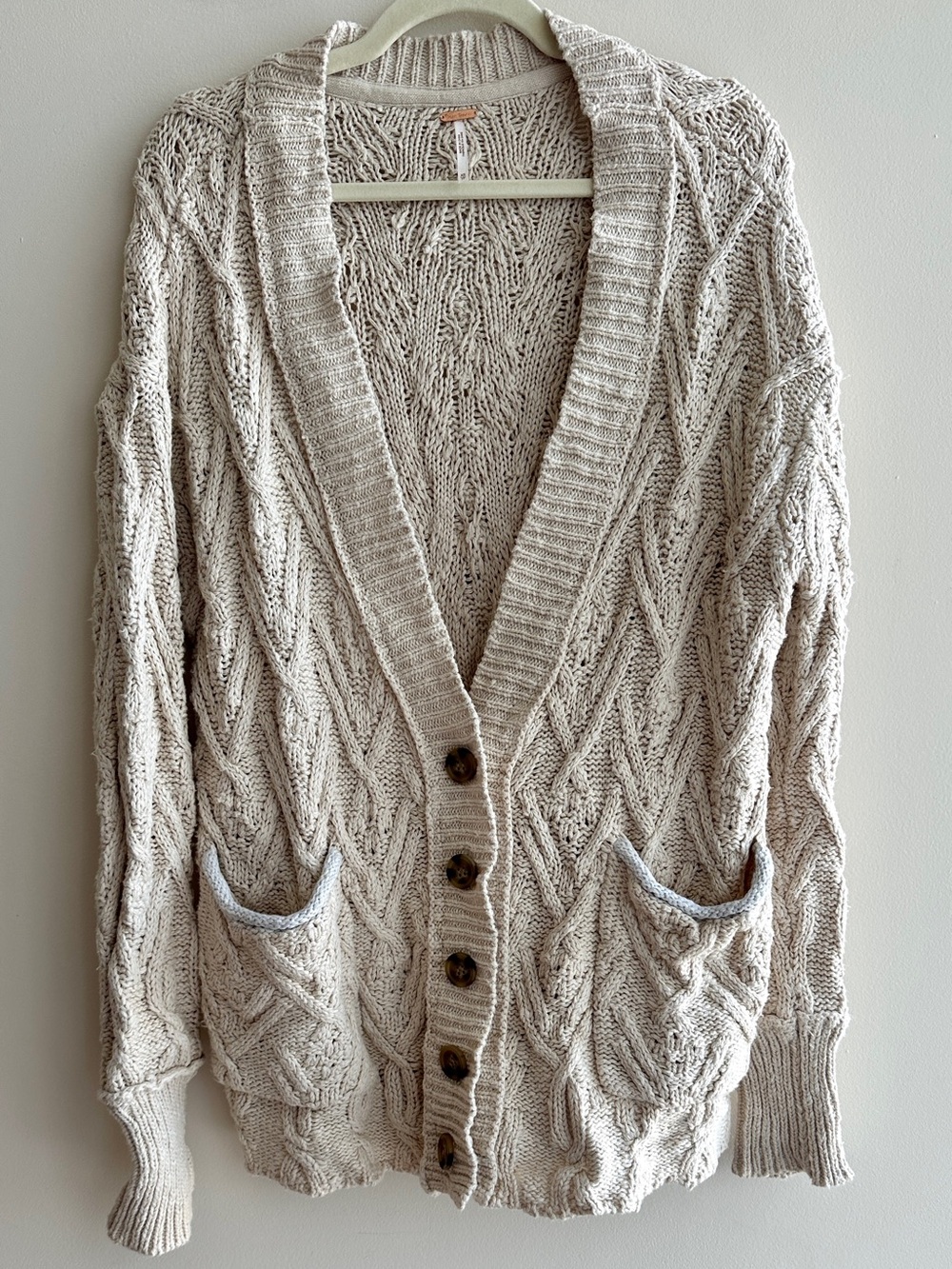 Free People Montana Cotton Cable Knit Cardigan, Beige, Size XS